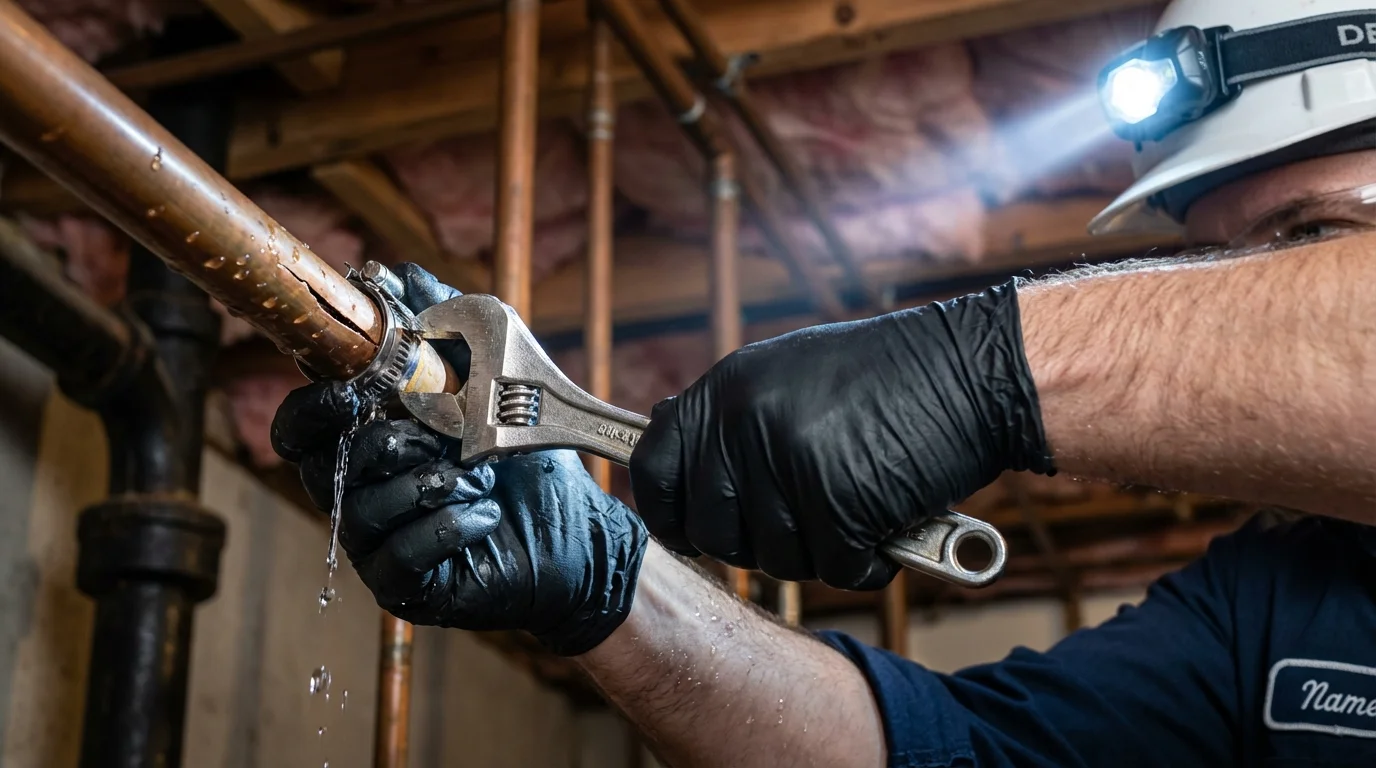 Emergency pipe clamp repair being performed by a Johns Plumbing LLC plumber in Caro