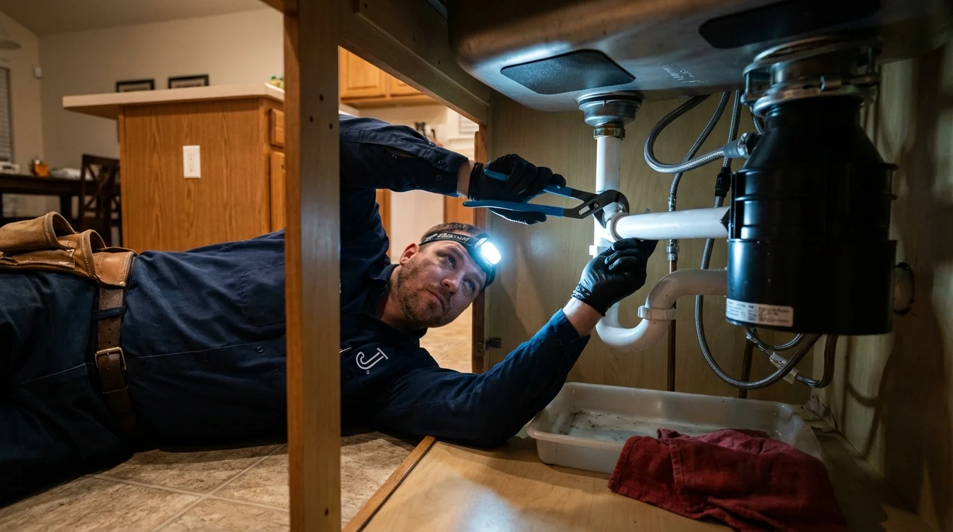 P-trap and supply line connections under a kitchen sink showing a common leak point in Caro, MI